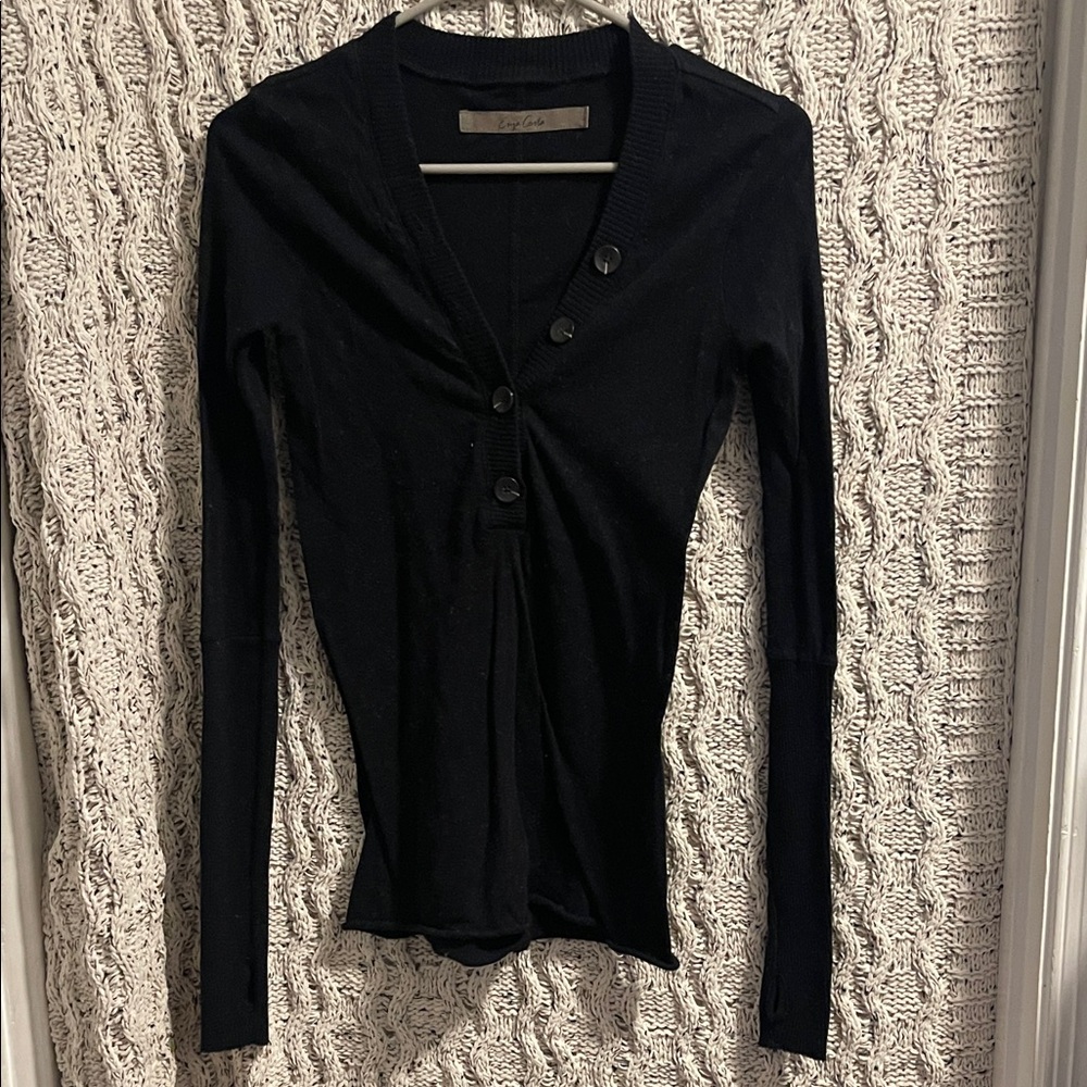 Enza Costa Black Button-Accent Long Sleeve Top